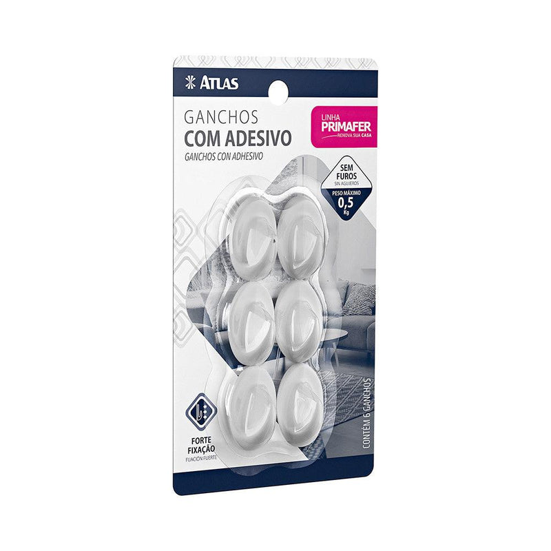 Gancho Adesivo 6Peças 0,5Kg Oval Plástico Atlas - Constrular CP